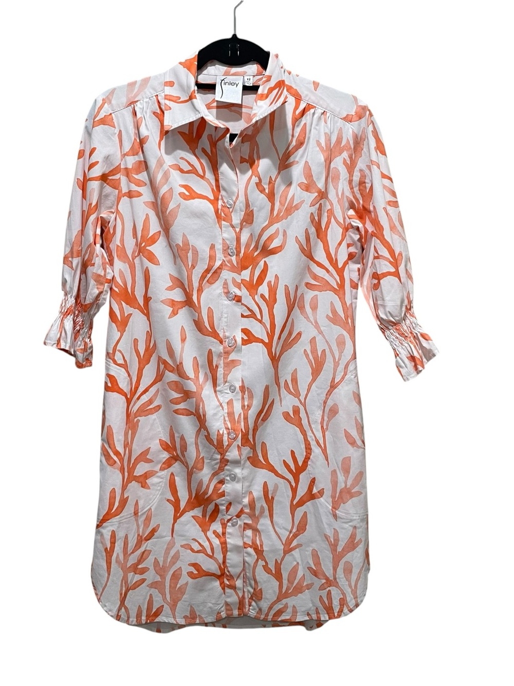 Finley Andrew Coral Reef Boyfriend Button Down Shirt Orange White Womens Size XS